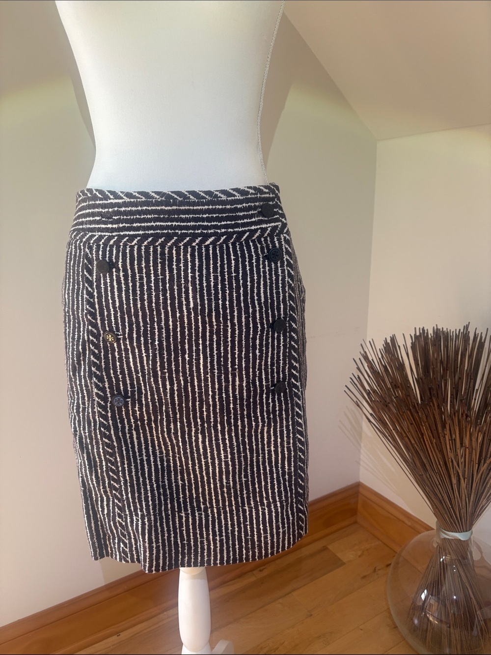 Tory Burch Brown and White Striped Button-Front Pencil Skirt Sz 8